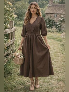 NWT BloomChic Brown Midi Dress Size 10 Empire Waist Puff Sleeve Pockets